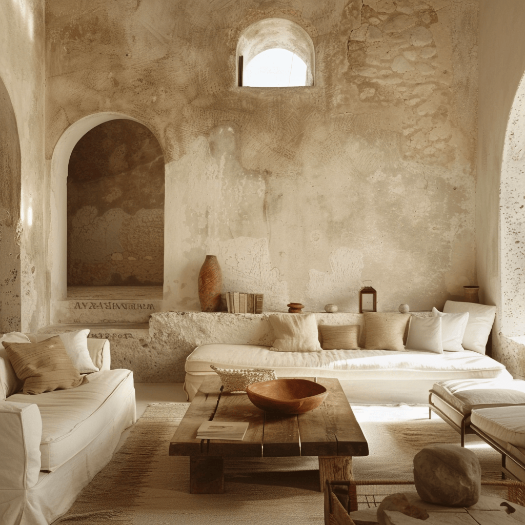 Mediterranean living room showcasing plaster walls with a textured matte finish for added depth interest and a rustic authentic feel