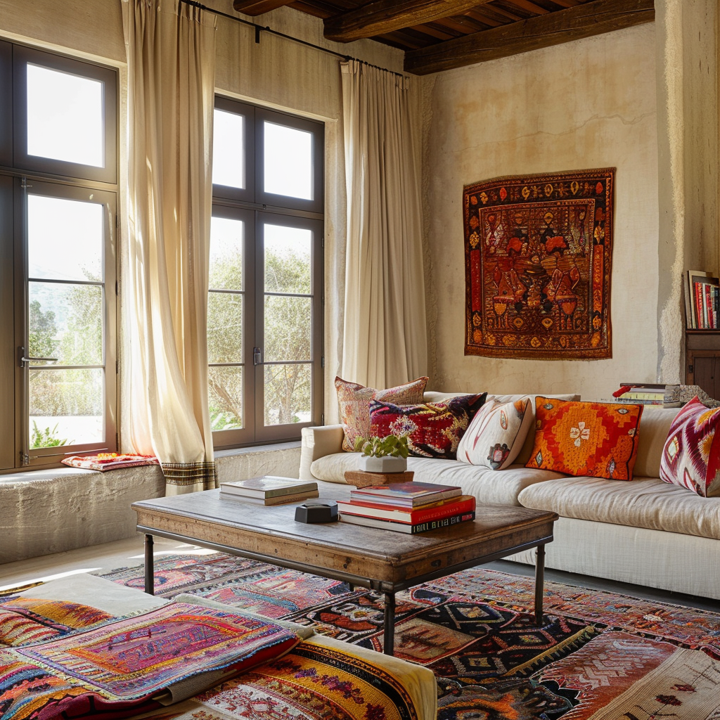 Mediterranean living room with patterned throw pillows lightweight curtains colorful rugs and tapestries