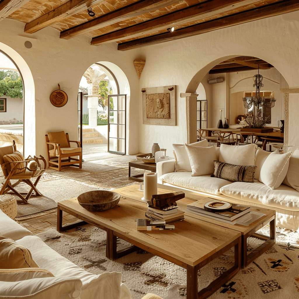 Mediterranean living room with plush sofas cozy armchairs wooden coffee tables and rustic dining