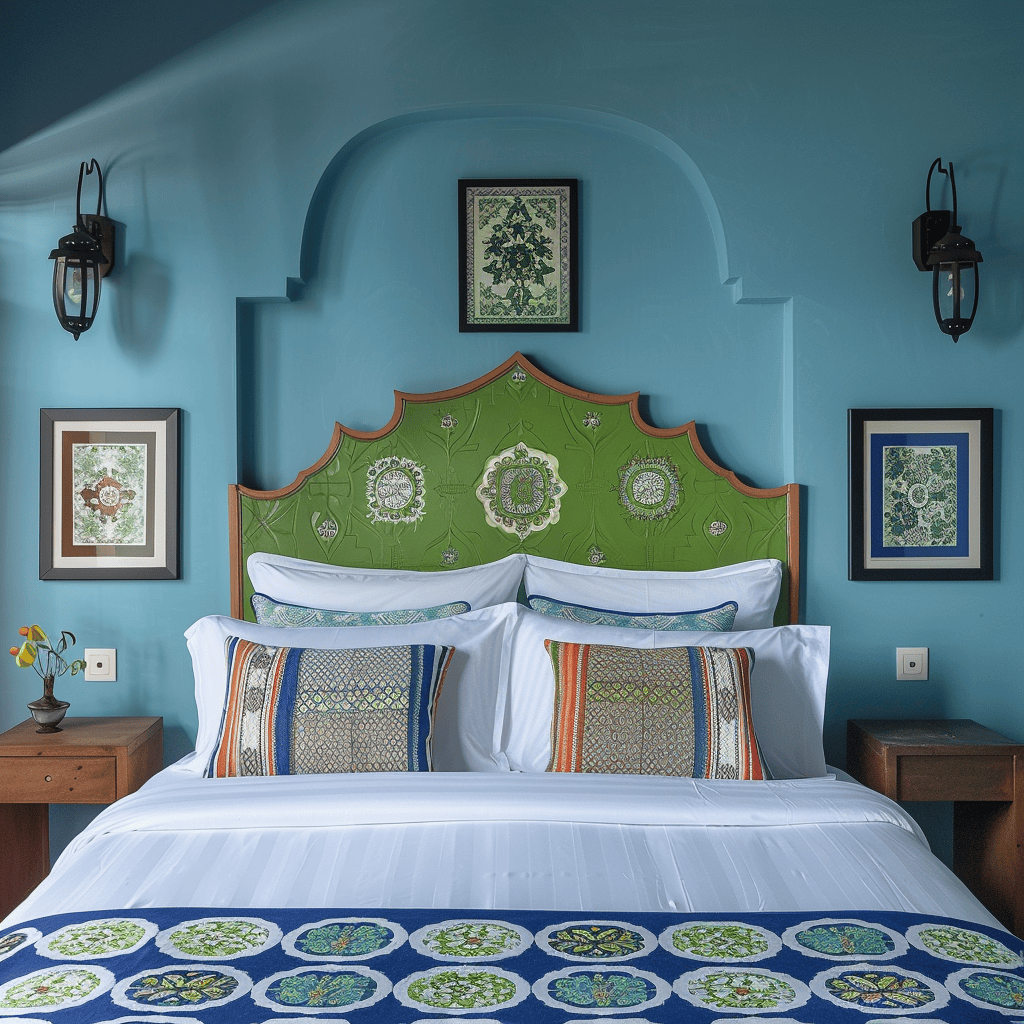 Memorable Mediterranean bedroom showcasing calming blue walls, a lively green focal wall, fresh white bedding, and an intriguing, harmonious aesthetic