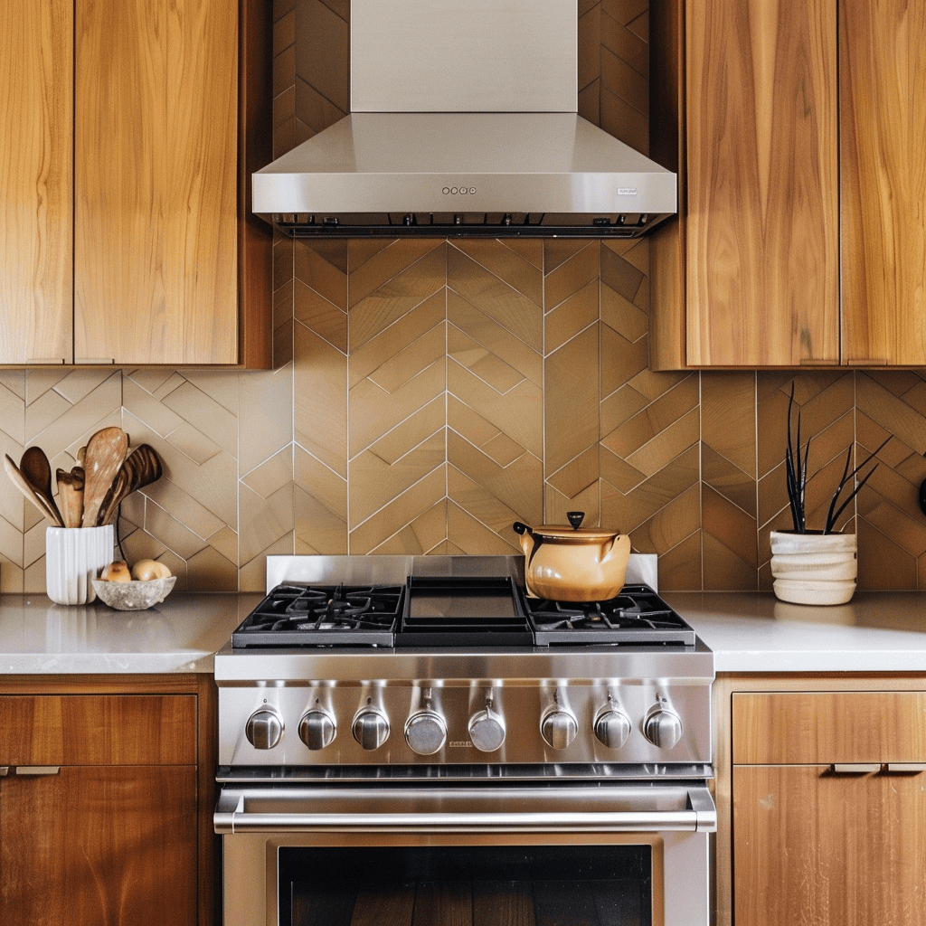 Mid-century modern kitchen backsplash with eye-catching geometric tile patterns in chevron, herringbone, or hexagonal shapes and contrasting colors2