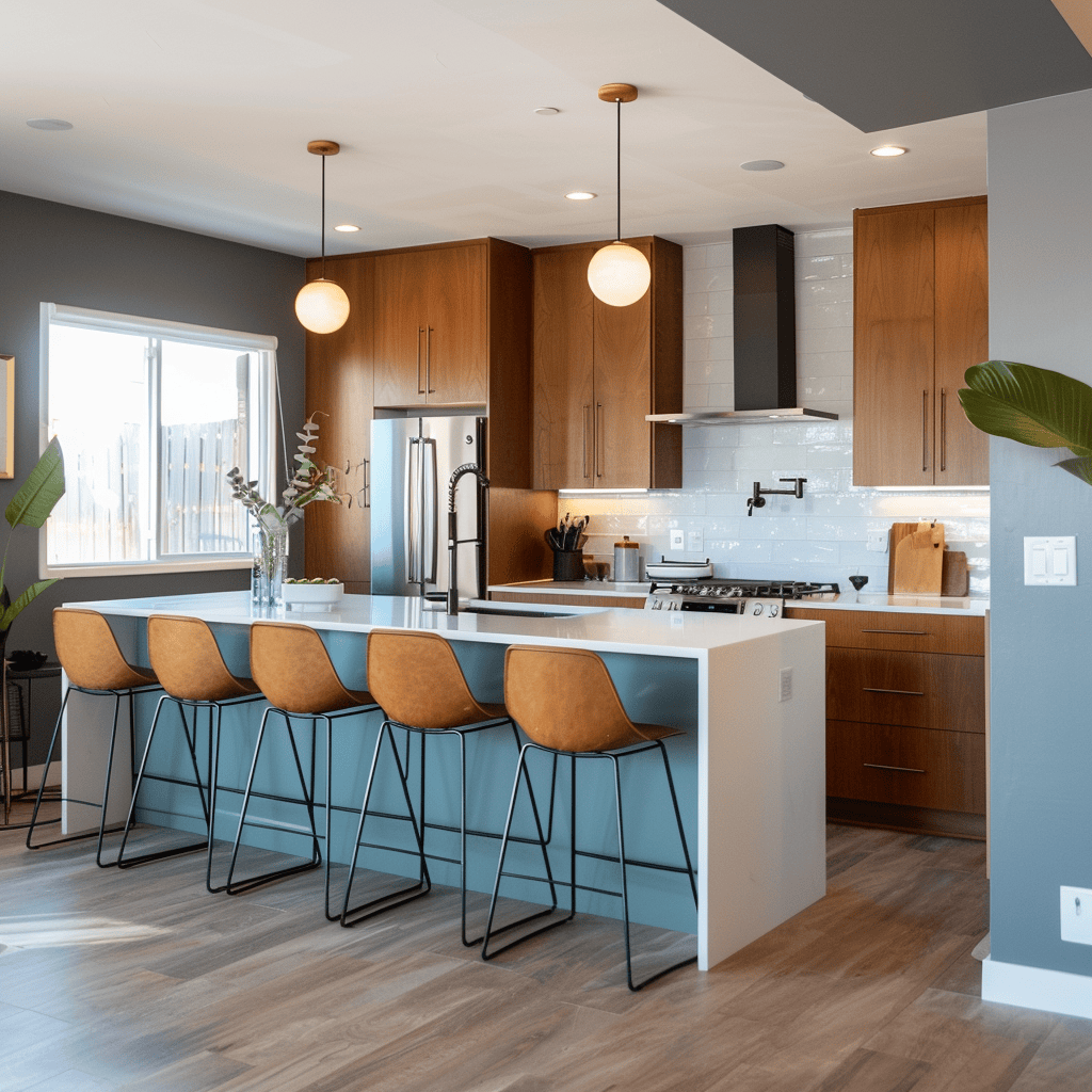Mid-century modern kitchen balancing form and function with efficient layout, ample storage, and cohesive color scheme3