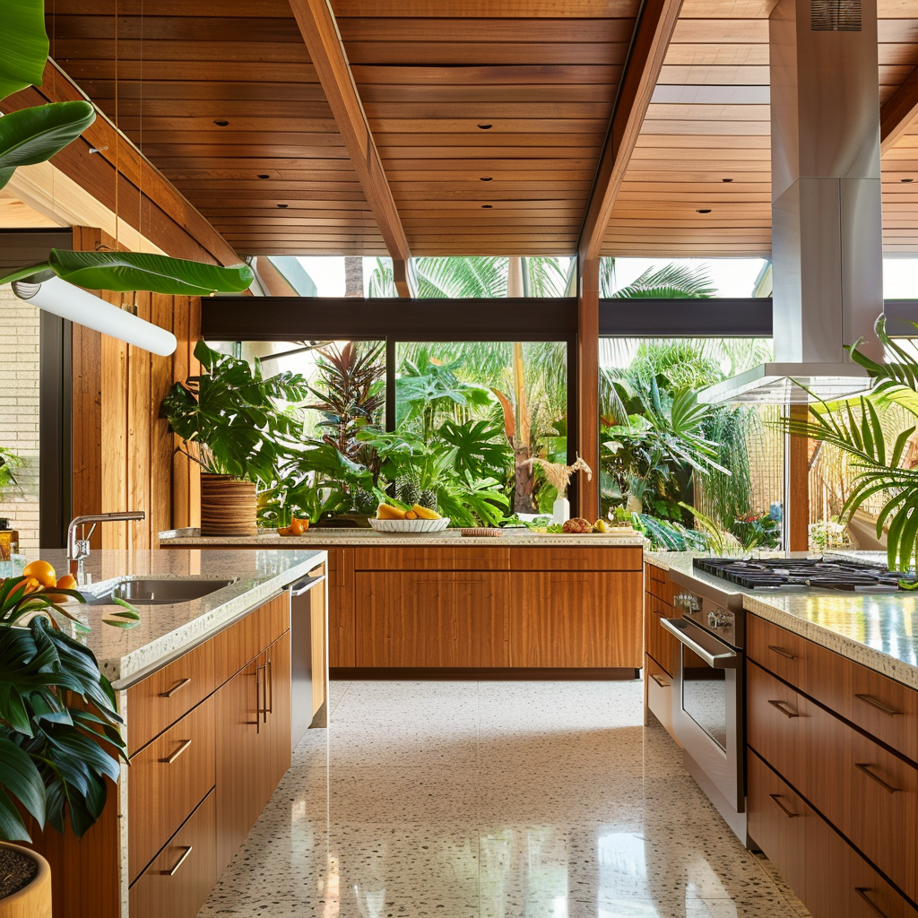 Mid-century modern kitchen connected to nature with indoor plants, natural materials, and elements maximizing views and natural light3