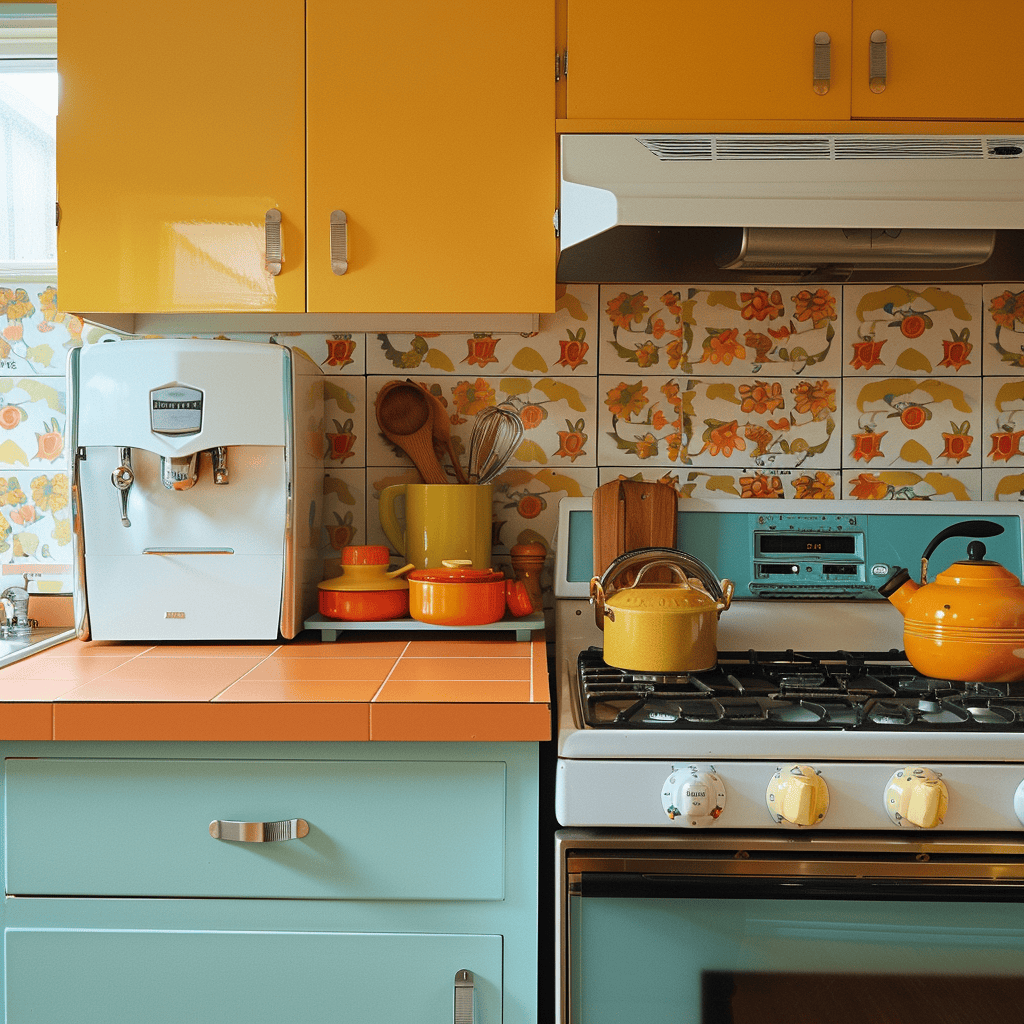 Mid-century modern kitchen displaying retro-inspired colorful enamel cookware, atomic-patterned dishes, and vintage appliances for nostalgic charm2
