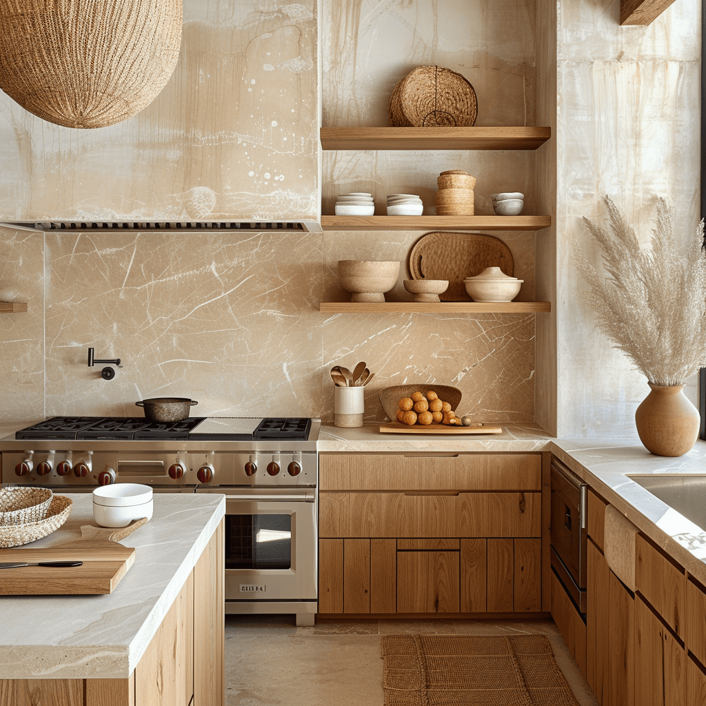 Mid-century modern kitchen embracing natural wood, stone, and organic elements in cutting boards, baskets, textiles, and countertops4