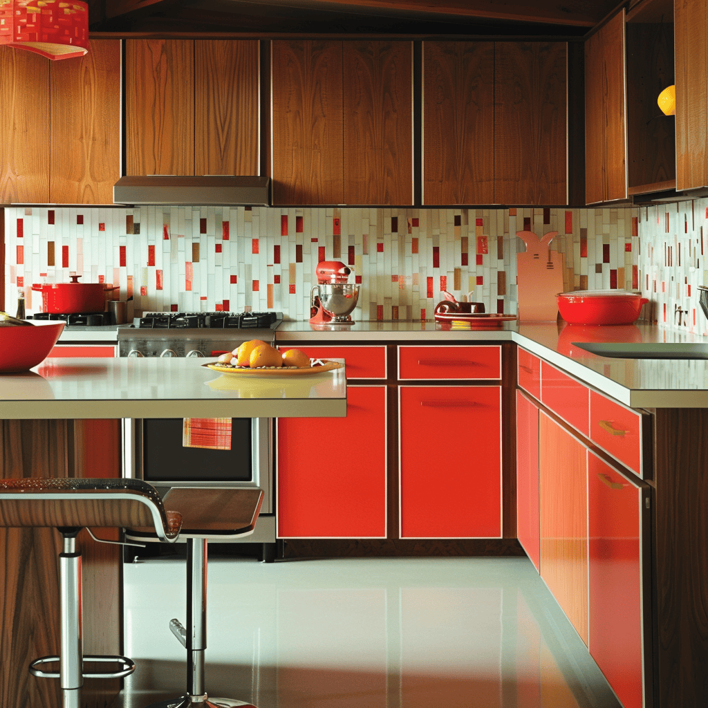 Mid-century modern kitchen featuring versatile, seamless laminate surfaces in countertops and cabinets with various colors and patterns
