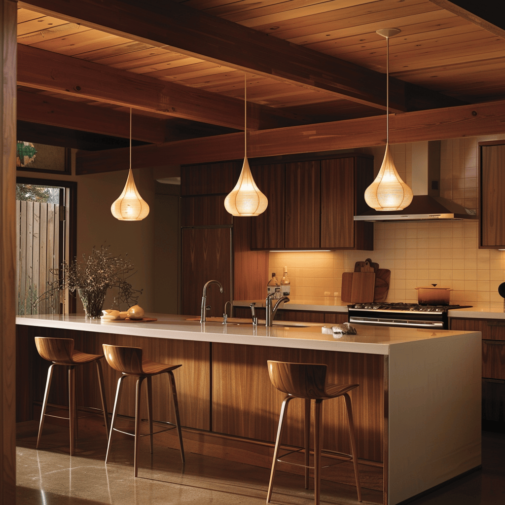 Mid-century modern kitchen illuminated by statement pendant lights, natural light, and retro-inspired fixtures for a warm ambiance4
