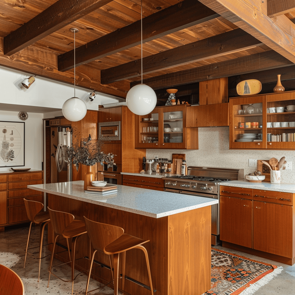 Mid-century modern kitchen incorporating authentic vintage light fixtures, furniture, artwork, and decorative objects for historical character4