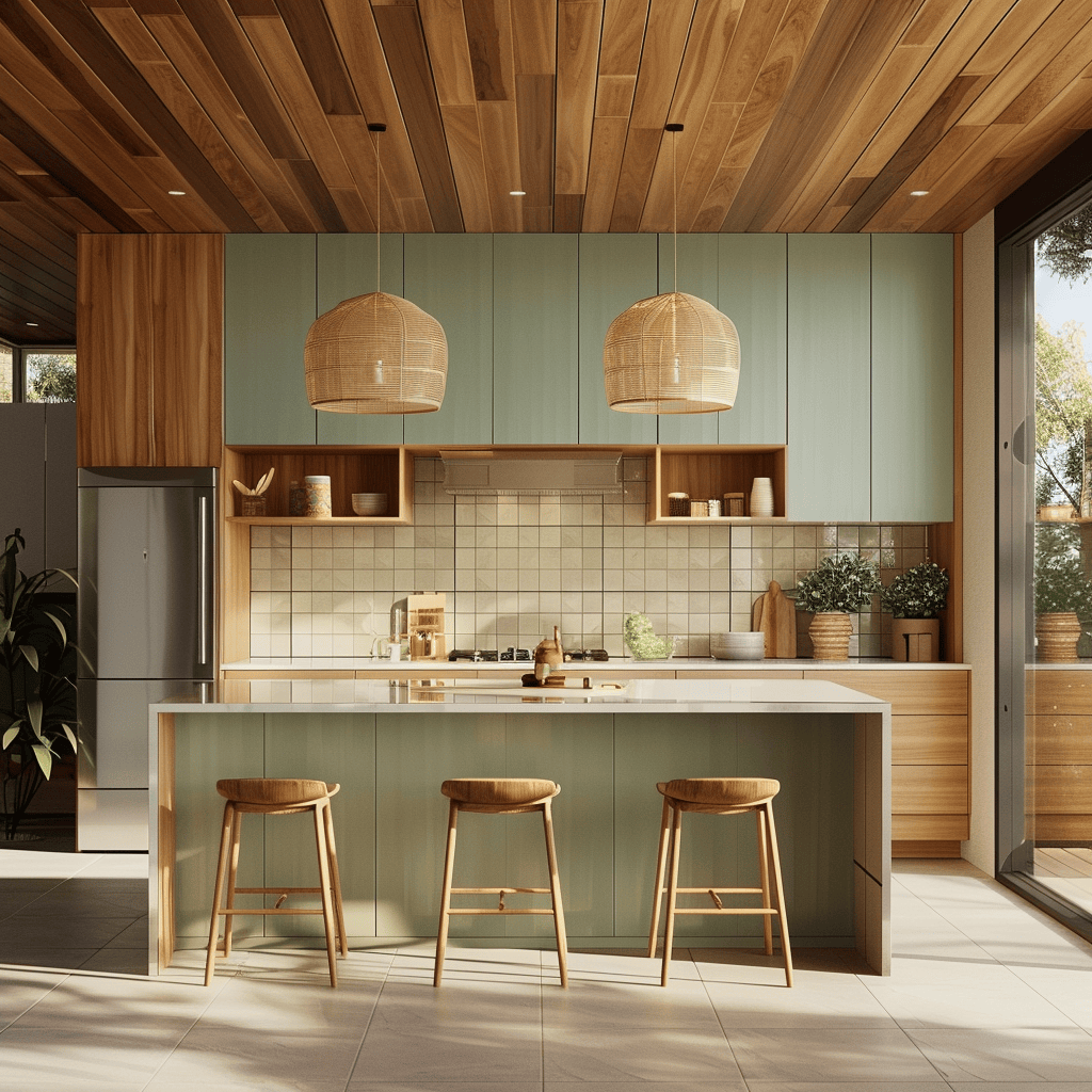 Mid-century modern kitchen inspired by nature with warm wood finishes, soft greens, and muted blues for tranquility2