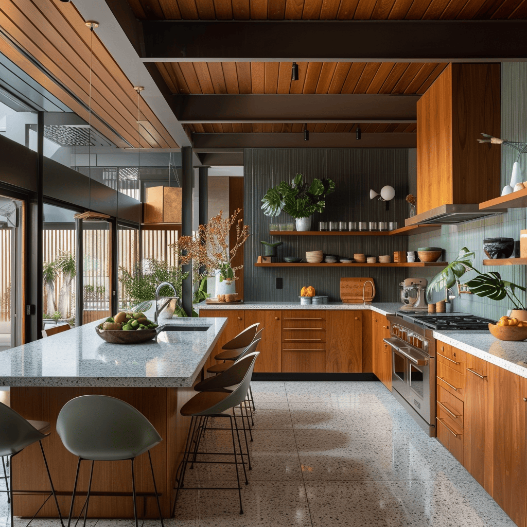 Mid-century modern kitchen inspired by nature with warm wood finishes, soft greens, and muted blues for tranquility4