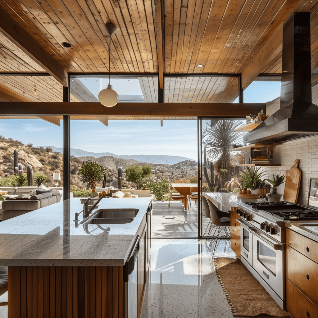 Mid-century modern kitchen maximizing views and natural light with large windows, glass doors, or skylights for a bright, airy feel3