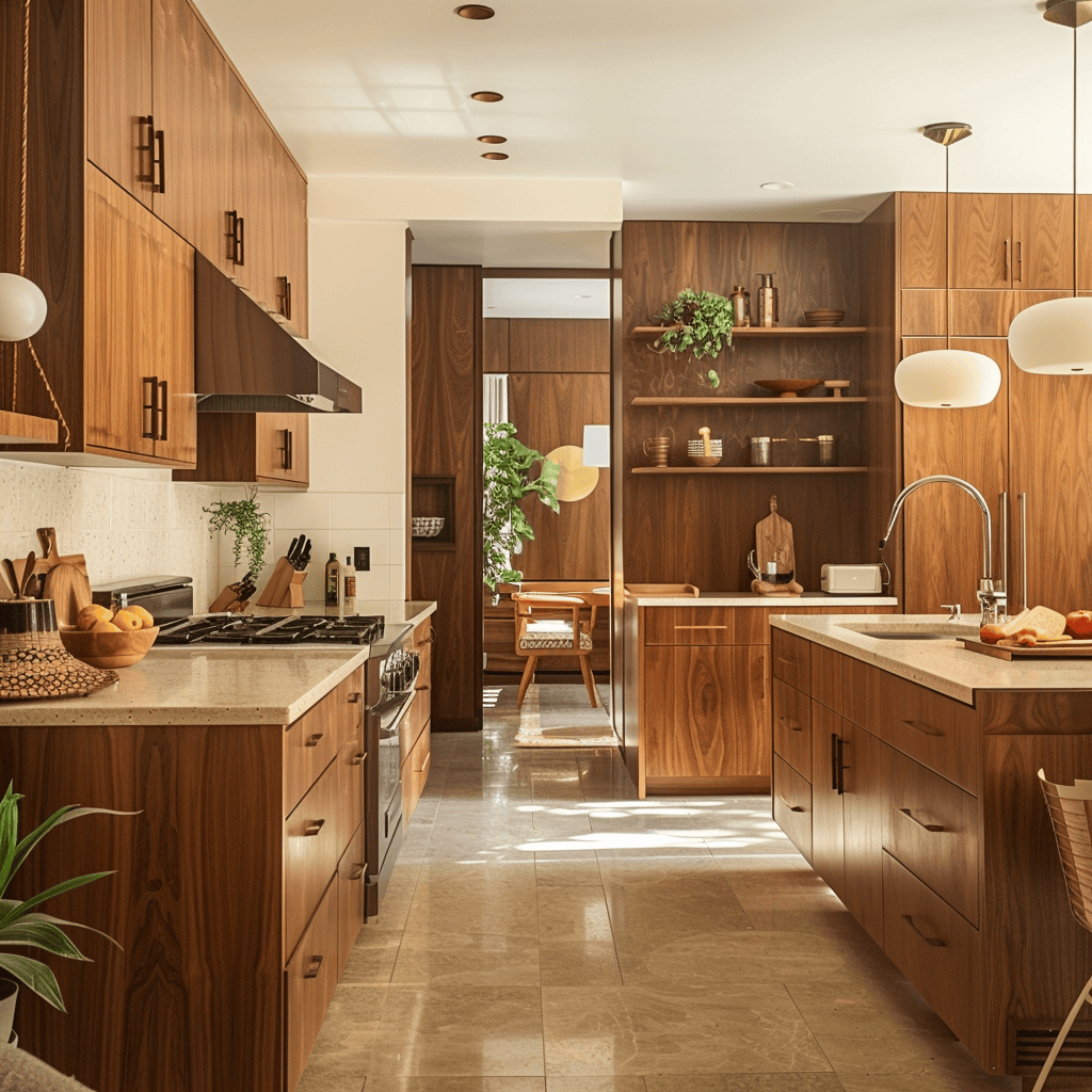 Mid-century modern kitchen showcasing the natural warmth and texture of wood in walnut, teak, or oak cabinets and accents3