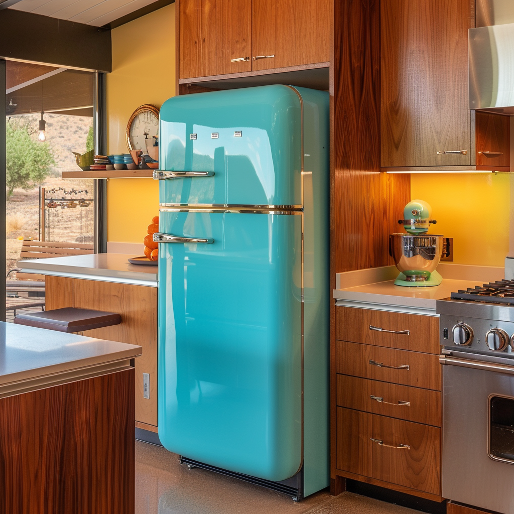 Mid-century modern kitchen with a bold, retro-inspired refrigerator as a nostalgic focal point