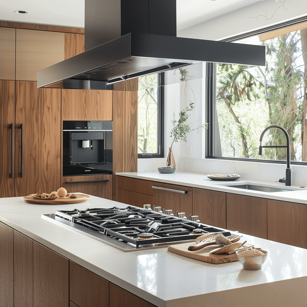 Mid-century modern kitchen with a sleek, streamlined cooktop seamlessly integrated into the countertop for a clean look