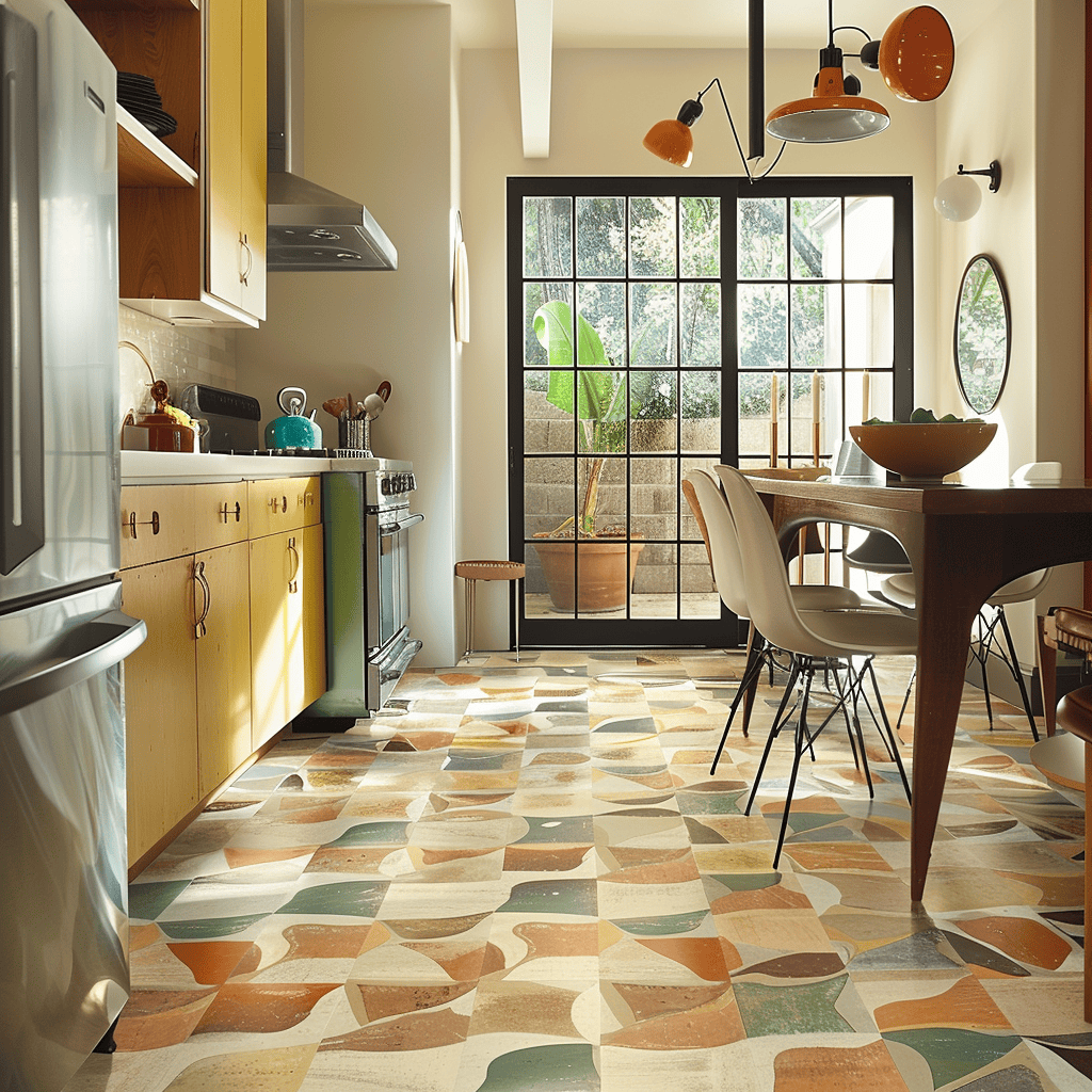 Mid-century modern kitchen with authentic, eco-friendly linoleum flooring in unique colors and patterns for vibrant, durable designs2