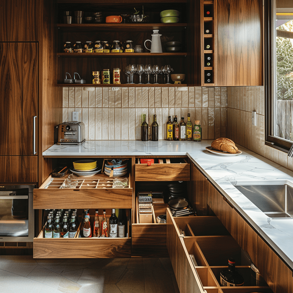 Mid-century modern kitchen with built-in drawer organizers, pull-out pantries, and open shelving for maximized storage and functionality4