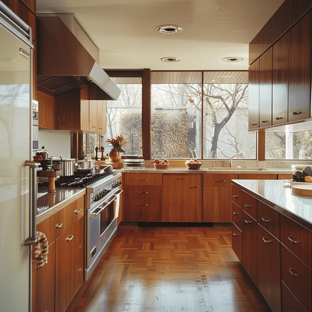Mid-century modern kitchen with classic hardwood floors in oak, walnut, or teak for natural warmth and timeless elegance