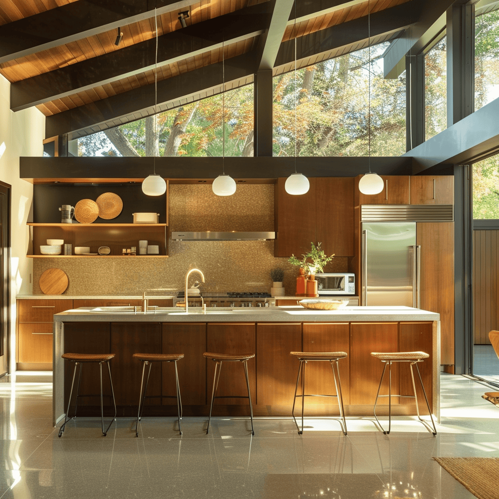 Mid-century modern kitchen with clean lines, warm colors, sleek appliances, minimalist decor, and natural light