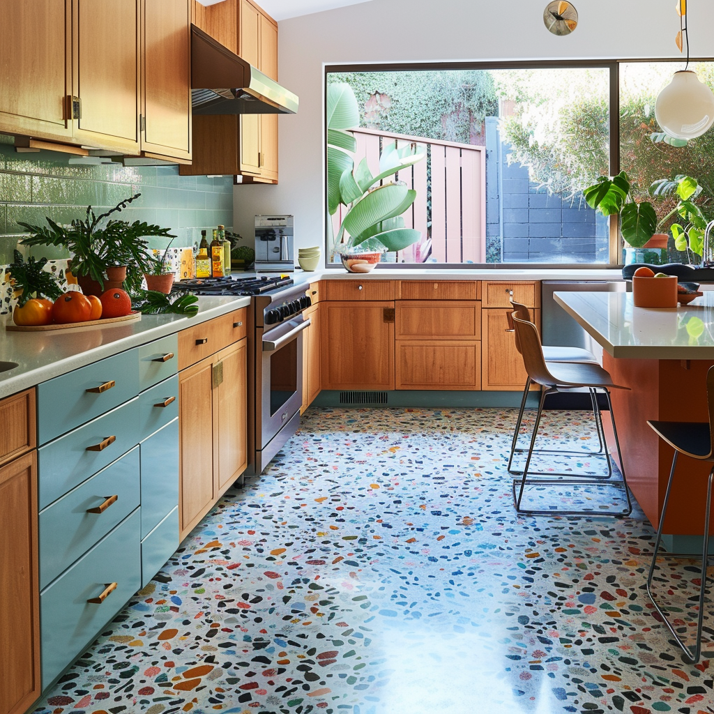 Mid-century modern kitchen with colorful, speckled terrazzo flooring adding a playful, retro vibe and durability4
