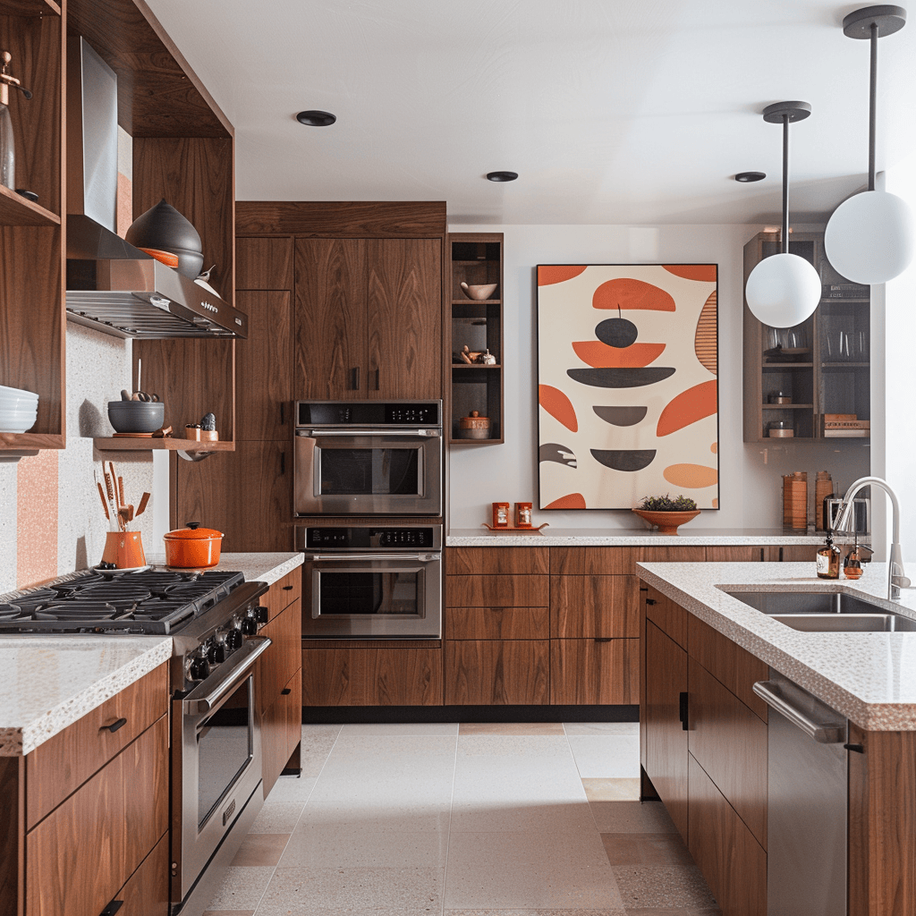 Mid-century modern kitchen with curated artwork, graphic prints, retro posters, and functional vintage decor personalizing the space4