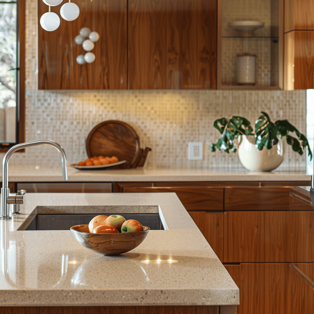 Mid-century modern kitchen with customizable, durable solid surface countertops in seamless, non-porous materials and various colors4