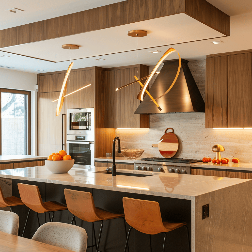 Mid-century modern kitchen with dynamic geometric shapes in light fixtures, cabinets, and accents, creating visual balance4