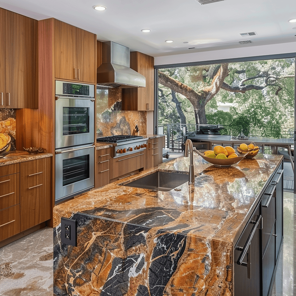 Mid-century modern kitchen with elegant natural stone countertops like granite or marble, featuring unique veining and color variations