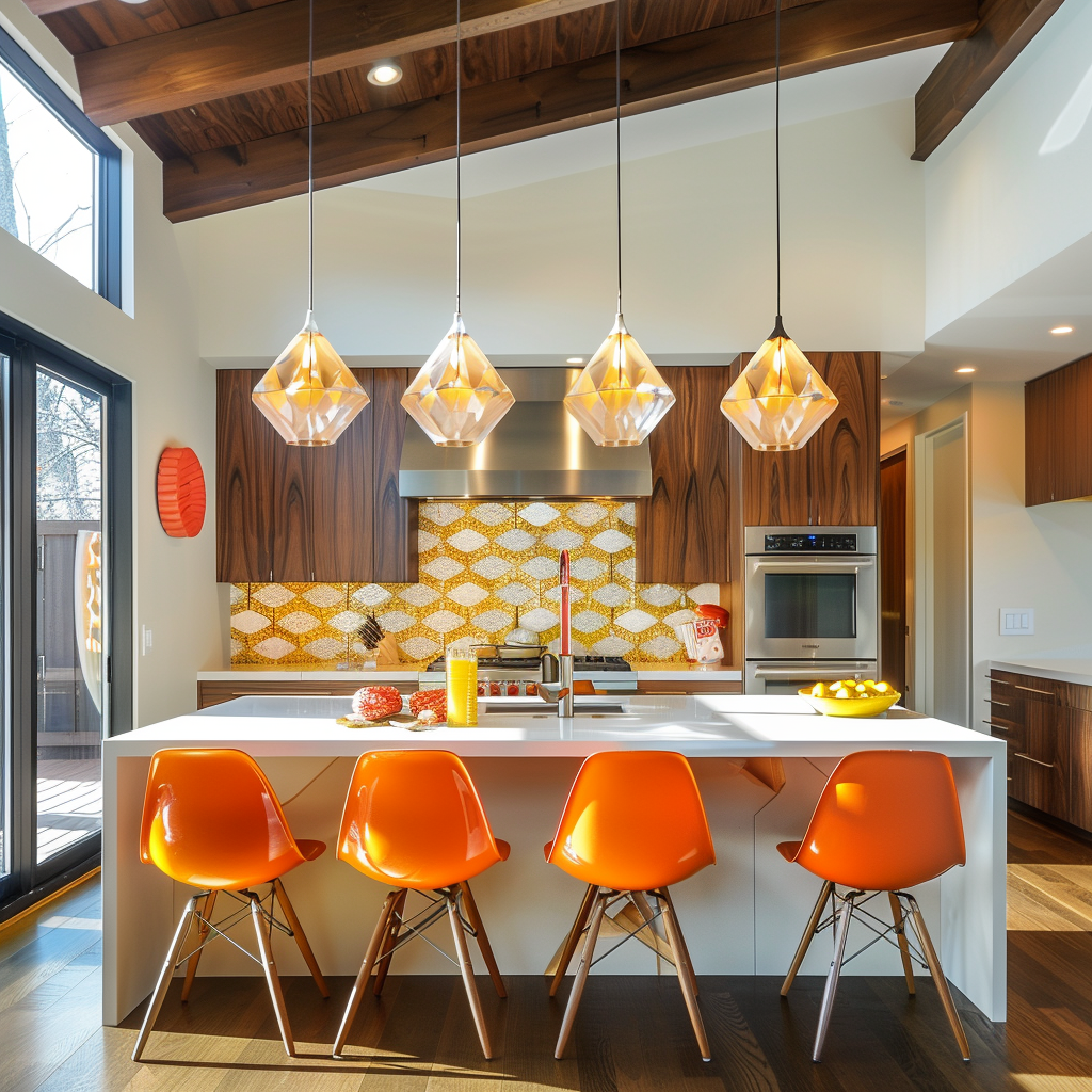 Mid-century modern kitchen with eye-catching geometric, colorful, or unique pendant lights above island or dining table