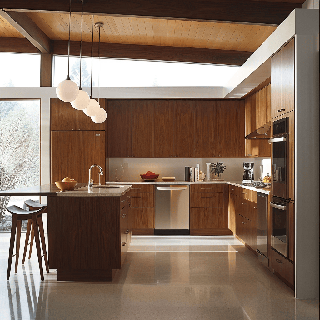 Mid-century modern kitchen with flat-panel cabinet doors showcasing wood grain or smooth laminate for a simple, elegant look3