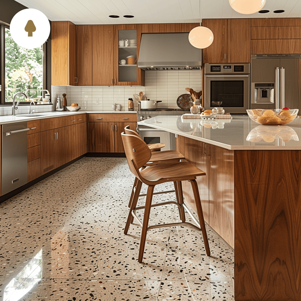 Mid-century modern kitchen with flooring in terrazzo, hardwood, or linoleum that anchors the space and adds character4