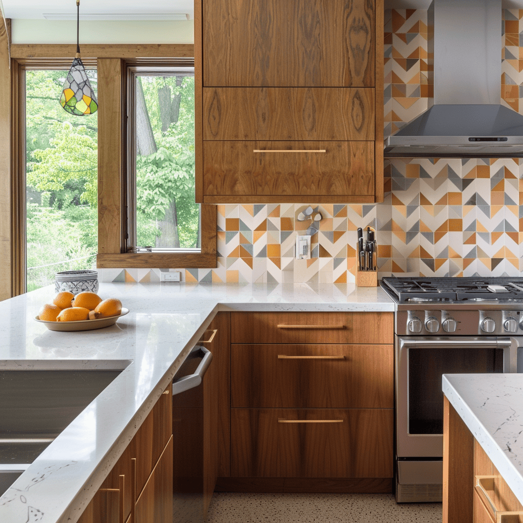 Mid-century modern kitchen with functional and decorative backsplash featuring geometric tiles, glass mosaics, or minimalist designs3