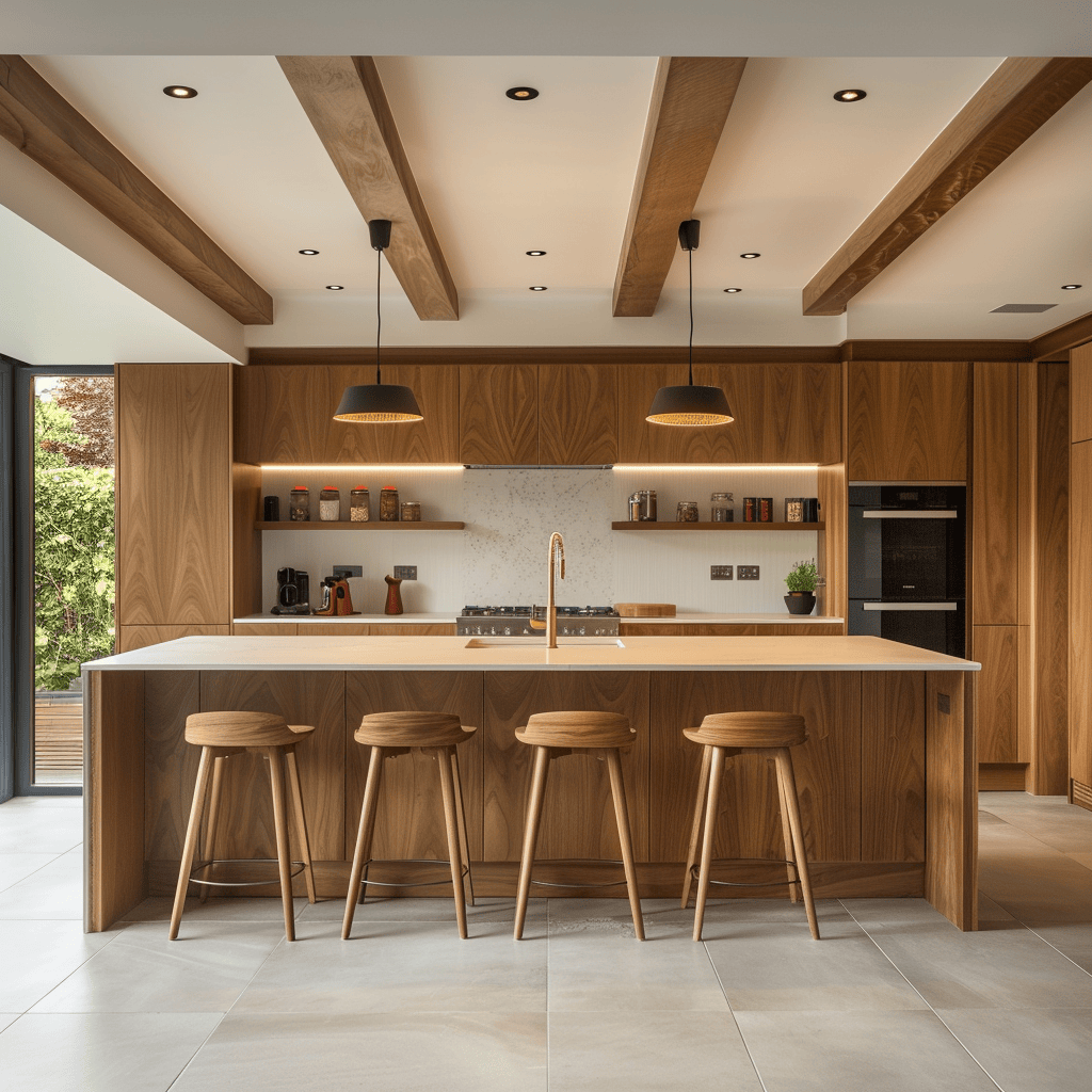 Mid-century modern kitchen with handleless cabinet designs and push-to-open or integrated handles for a seamless appearance3