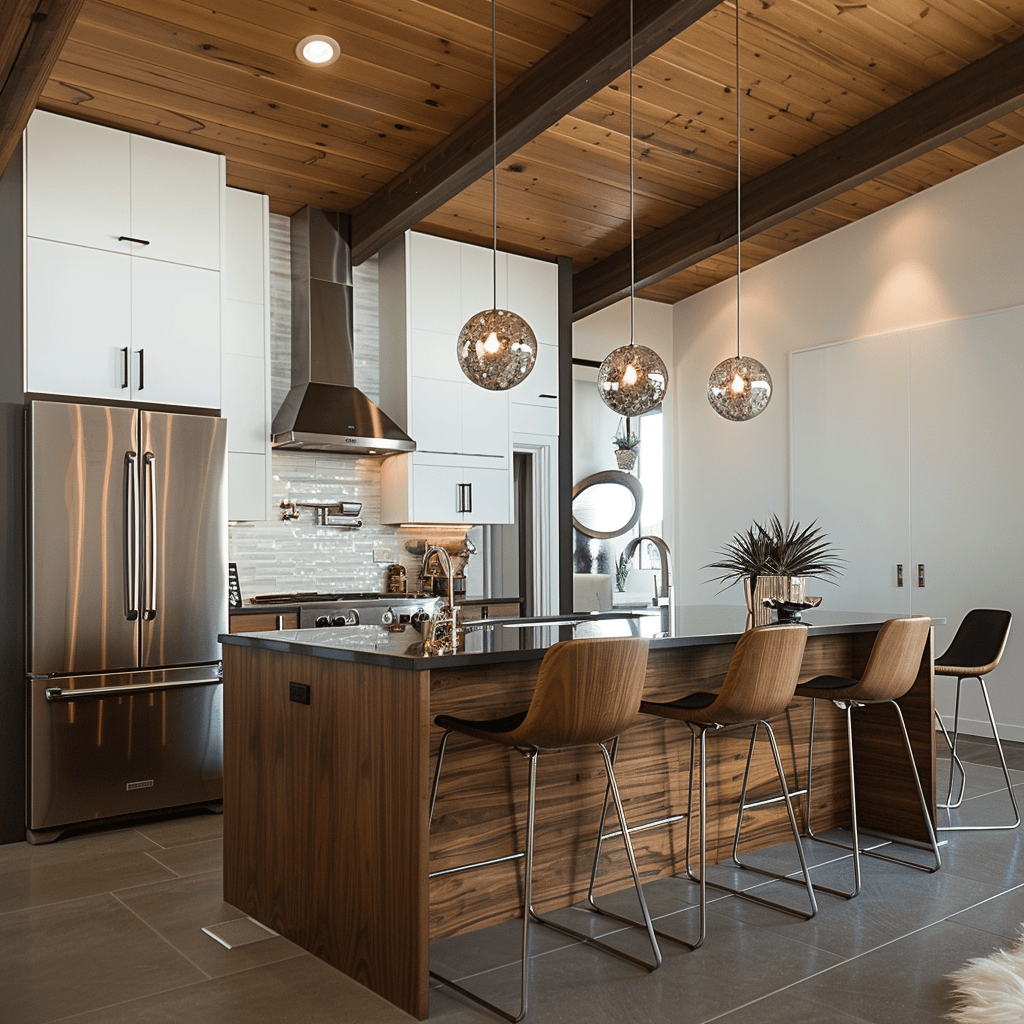 Mid-century modern kitchen with industrial-chic stainless steel, brushed nickel, and chrome accents contrasting warm wood4