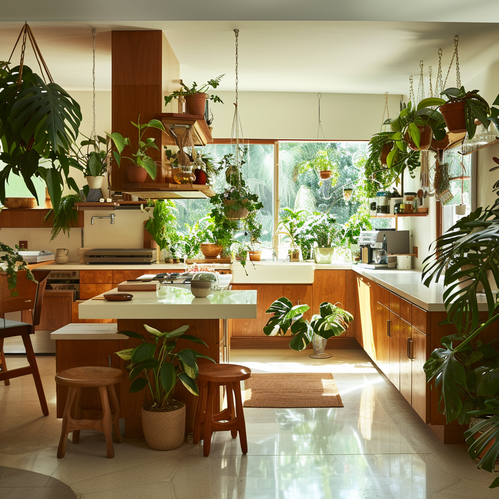 Mid-century modern kitchen with lush indoor plants, potted greenery, hanging terrariums, or herb gardens adding life and tranquility2