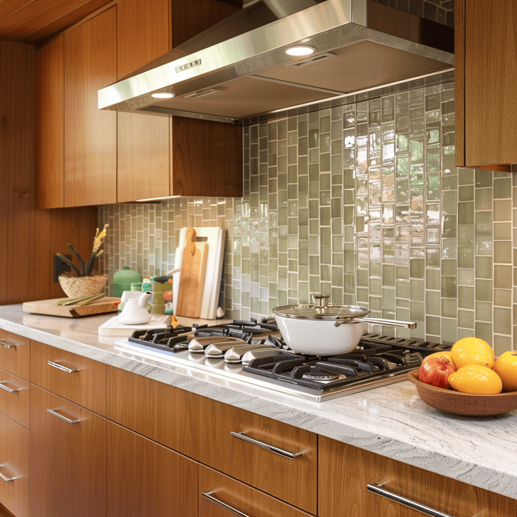 Mid-century modern kitchen with minimalist backsplash using solid-colored tile or continuous countertop material for a seamless look4