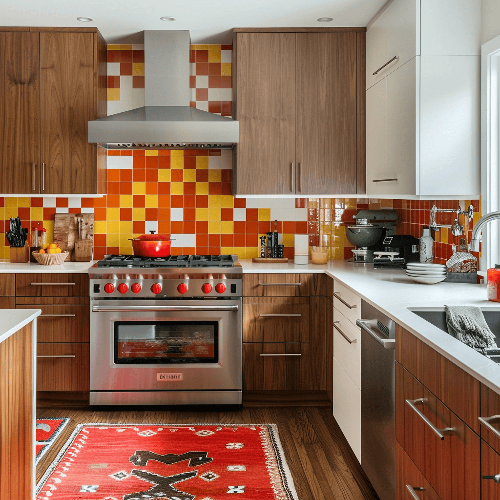Mid-century modern kitchen with neutral base palette and bold, vibrant accent colors in accessories, backsplashes, or appliances3