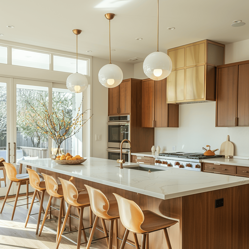 Mid-century modern kitchen with retro-inspired atomic wall sconces, globe flush mounts, or vintage table lamps adding character
