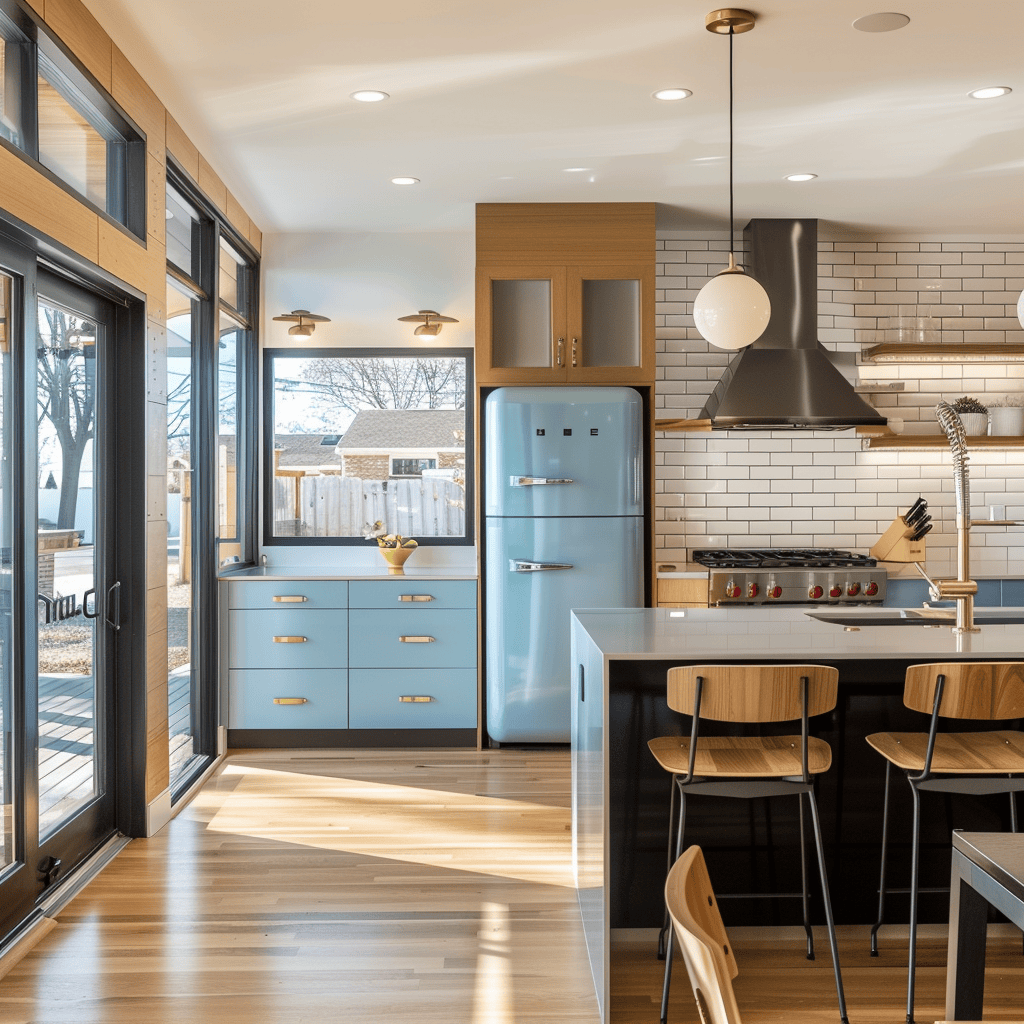 Mid-century modern kitchen with retro-inspired refrigerators, sleek cooktops, and integrated appliances blending form and function2