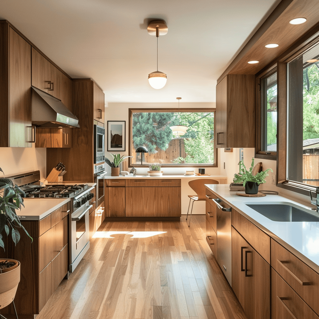 Mid-century modern kitchen with simple, functional flat-panel cabinets, handleless designs, and innovative storage solutions3