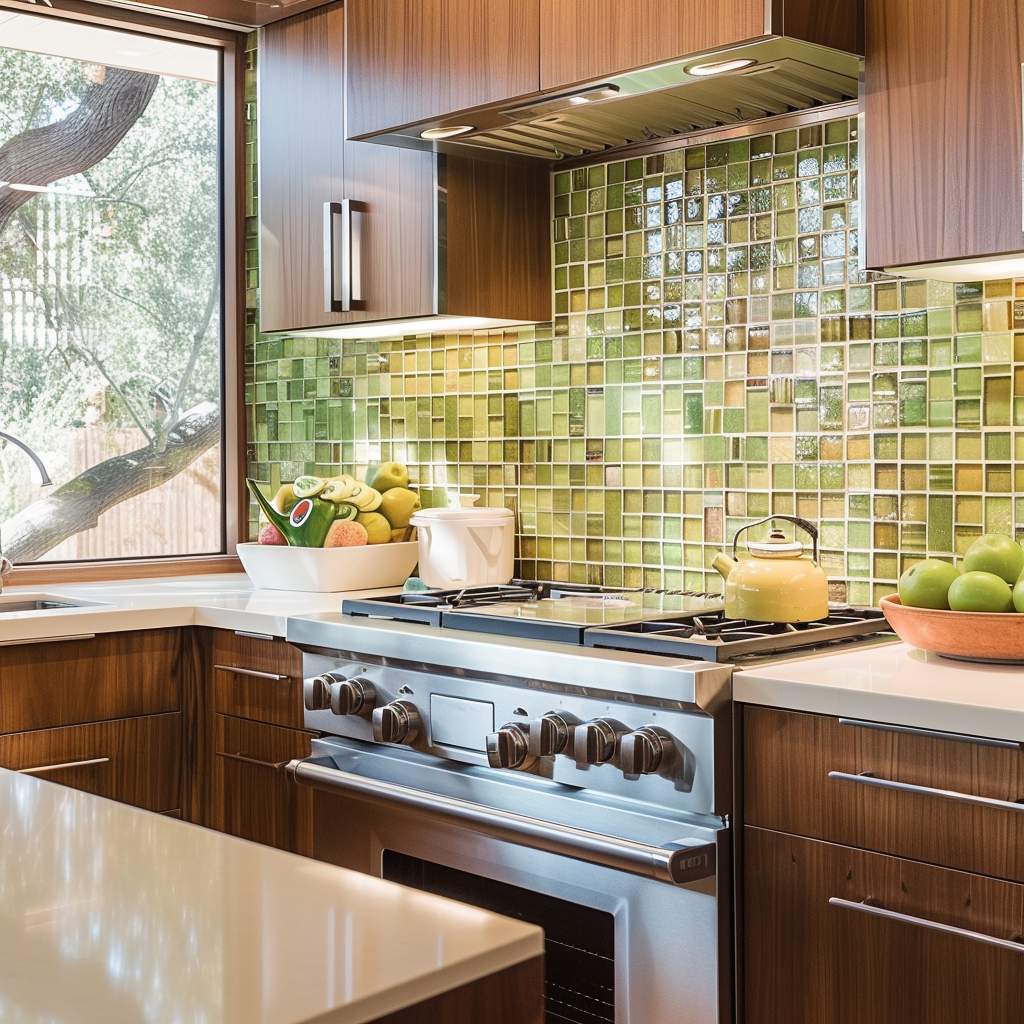 Mid-century modern kitchen with sophisticated glass mosaic tile backsplash in iridescent, translucent, or textured finishes for depth3