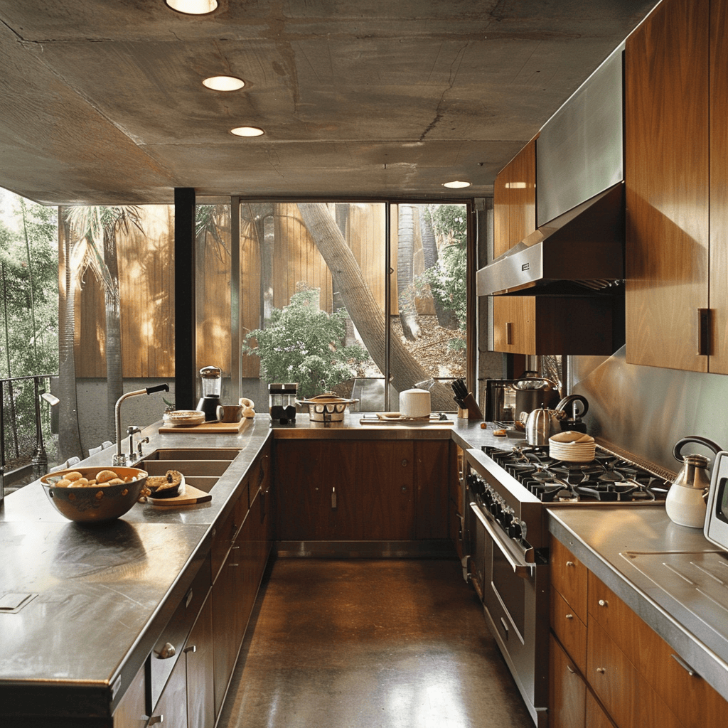 Mid-century modern kitchen with unconventional countertop materials like concrete, stainless steel, or wood for unique texture and character3