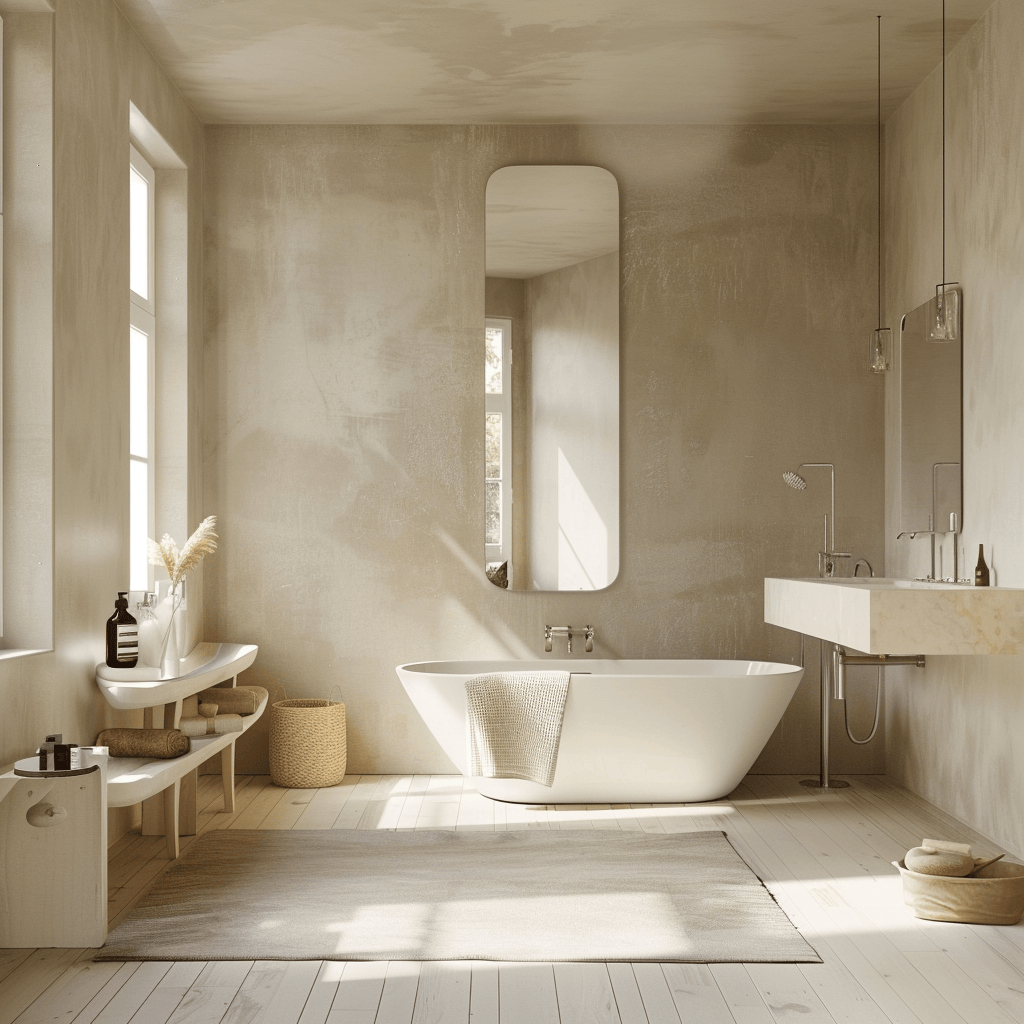 Minimalist Scandinavian bathroom featuring an expansive frameless mirror visually enlarging the room