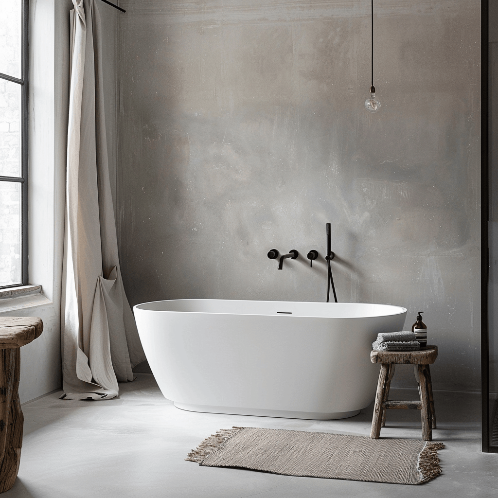 Minimalist Scandinavian bathroom showcasing elegant modern fixtures like a freestanding bathtub and a floating sink