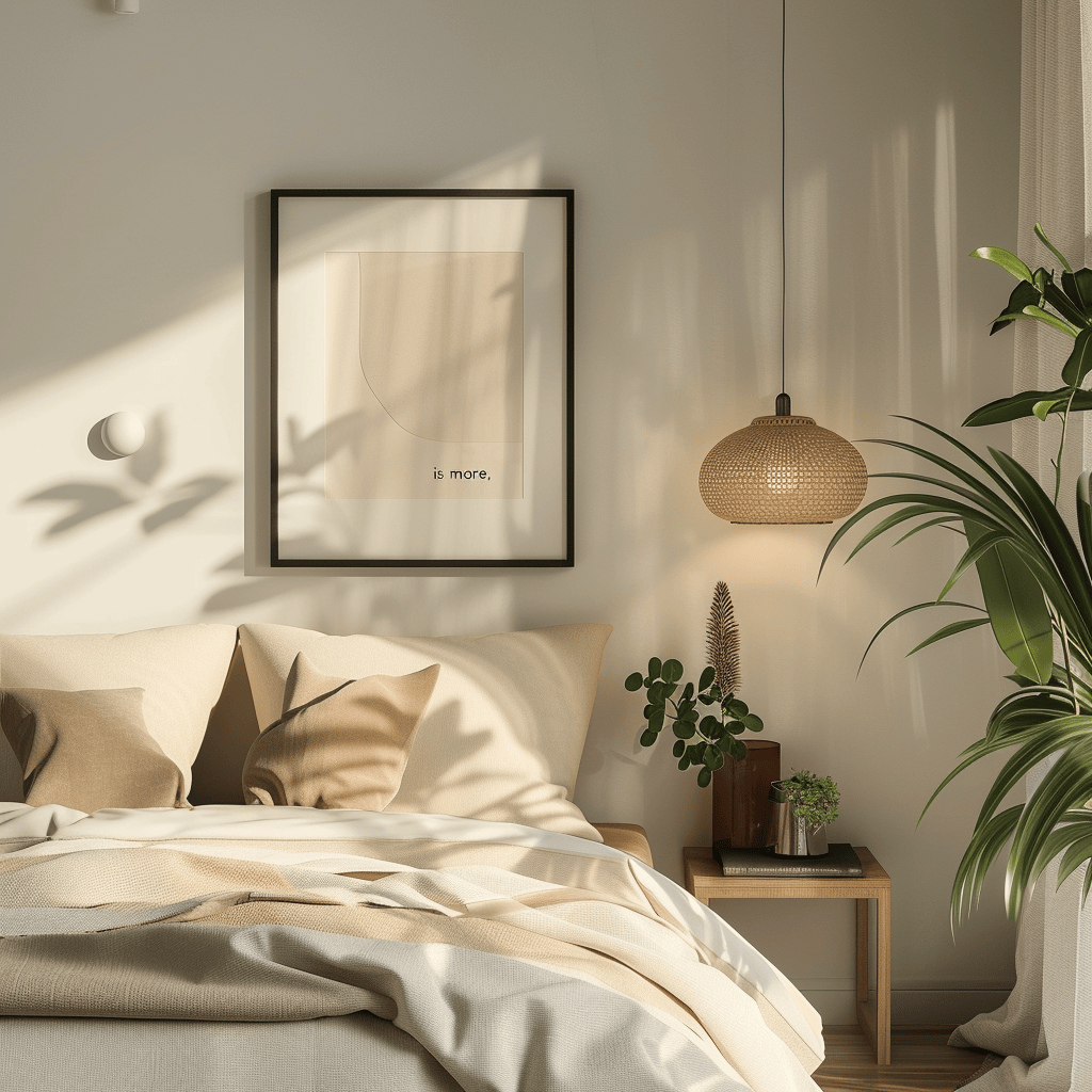 Minimalist Scandinavian bedroom featuring a few well-chosen decorative pieces that add character