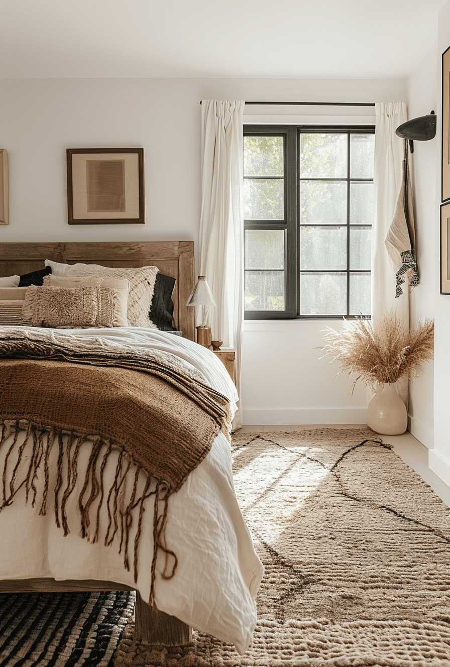 Minimalist and serene Japandi bedroom with a calm, soothing color scheme