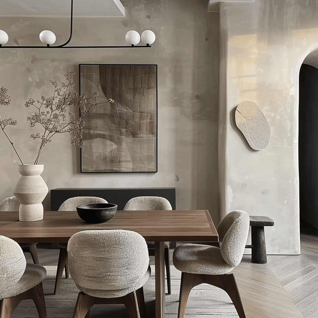 Minimalist art complements the neutral color palette and textured accents in this modern dining room, resulting in a cohesive and stylish design