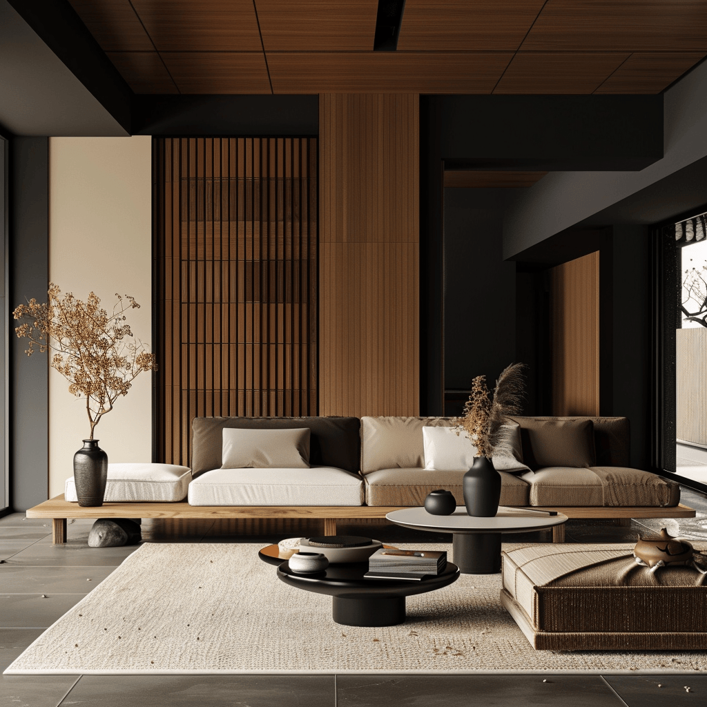Minimalist black decorative elements, providing a bold yet harmonious complement to the soft, neutral tones of a Japandi interior