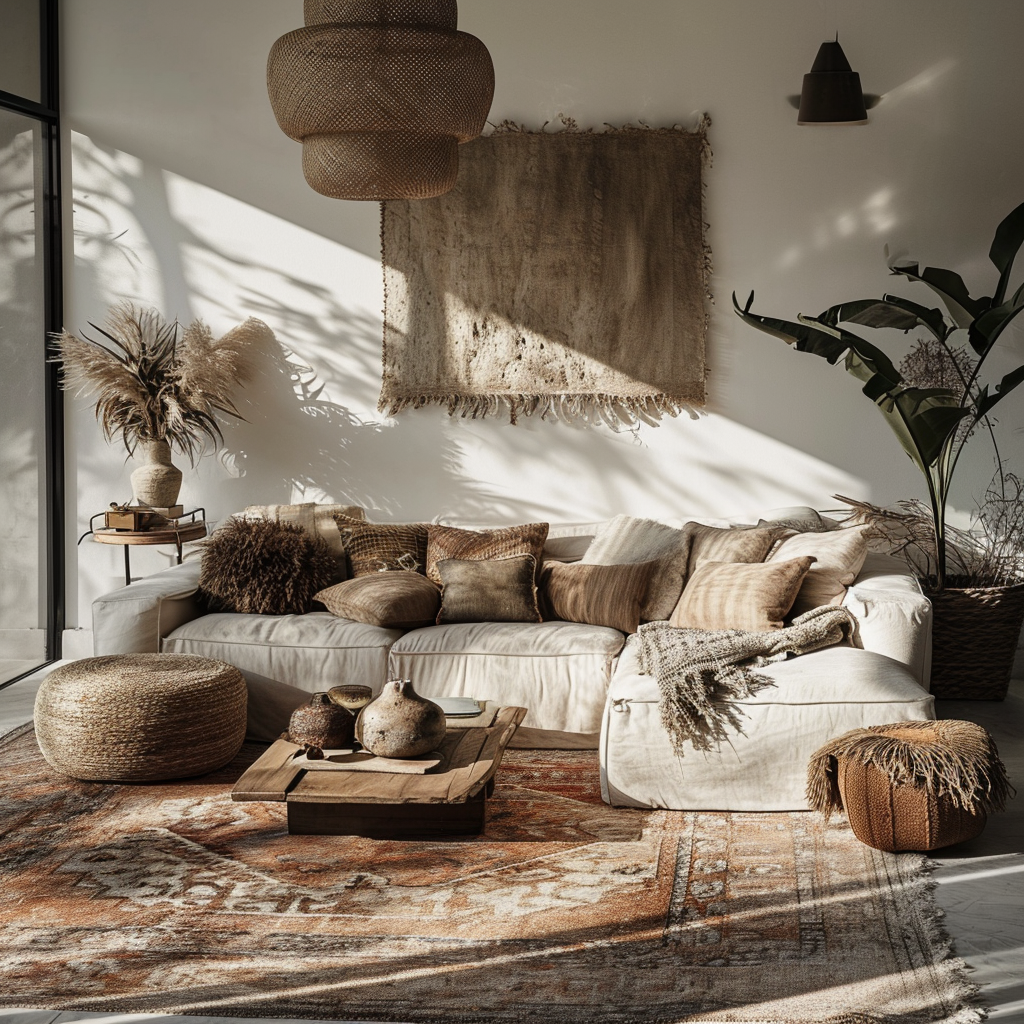 Minimalist boho living room with a clean, uncluttered look and bohemian vibes