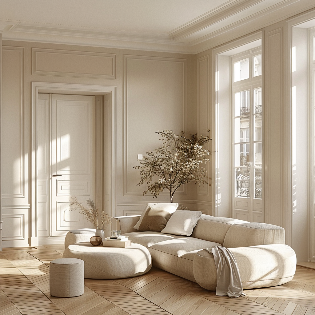 Minimalist chic Parisian interior with walls in soft beige, complemented by ivory textiles and natural wood accents