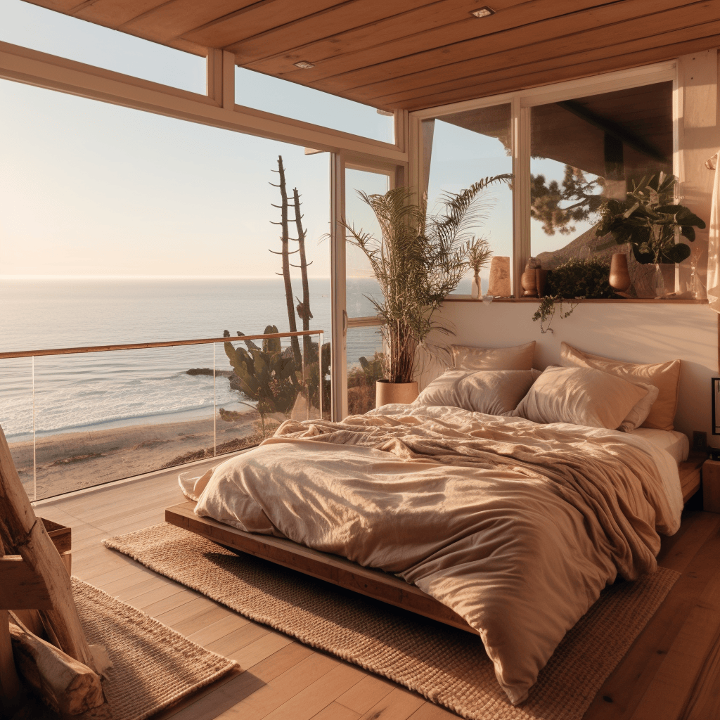 Minimalist coastal bedroom with clean lines and a muted, neutral color scheme